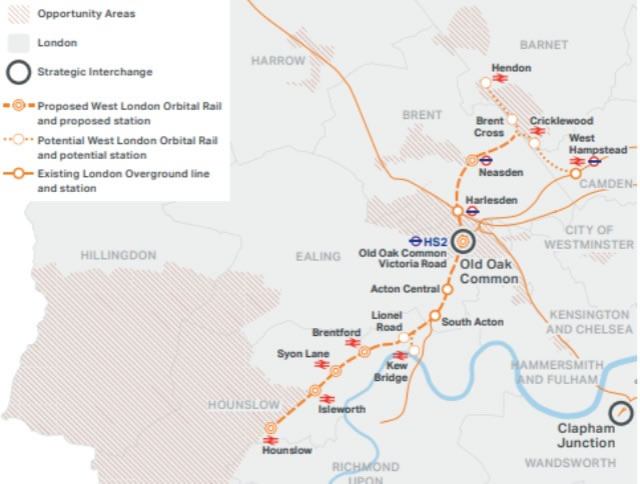 The proposed route of the West London Orbital Line 