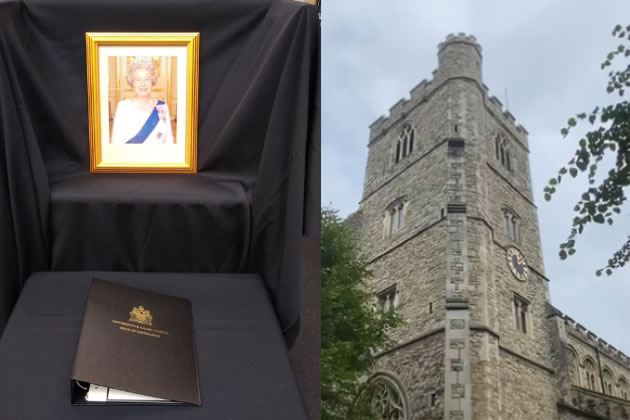 A book of condolence at a local Church and the bell tower at All Saints Fulham