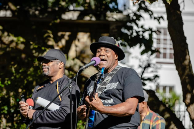 Members of Brit-funk band Hi-Tension perform in St Peter’s Square