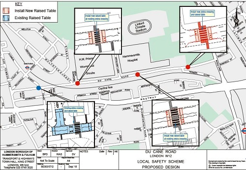 Map showing planned changes to Du Cane Road, Shepherd's Bush