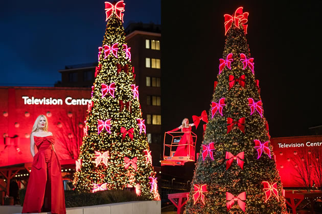 Fiona Leahy puts the final touches to the Television Centre tree 