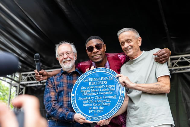 Greensleeves label founders Chris Sedgwick (left) and Chris Cracknell (right) are joined onstage by Dr Jak Beula, chief executive of Nubian Jak (centre)