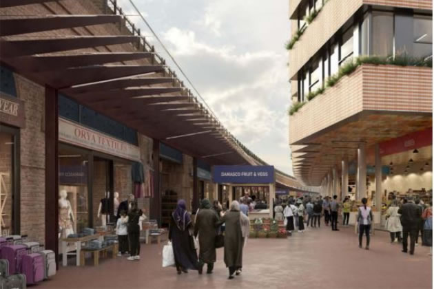 the market with commercial building from Goldhawk Road entrance