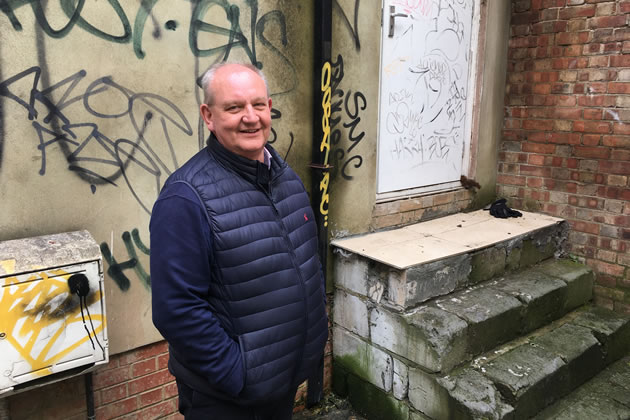 Mark Inkster, property manager for Tandem, hired by Yoo Capital. He is standing at the location in Market Lane that been popular with drug users