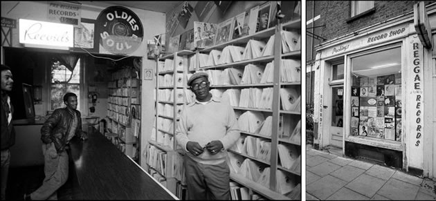 Pictured left is George ‘Peckings’ Price inside the original record shop. Pictured right is the exterior of the original store at 142 Askew Road (now Jude’s Barbers)