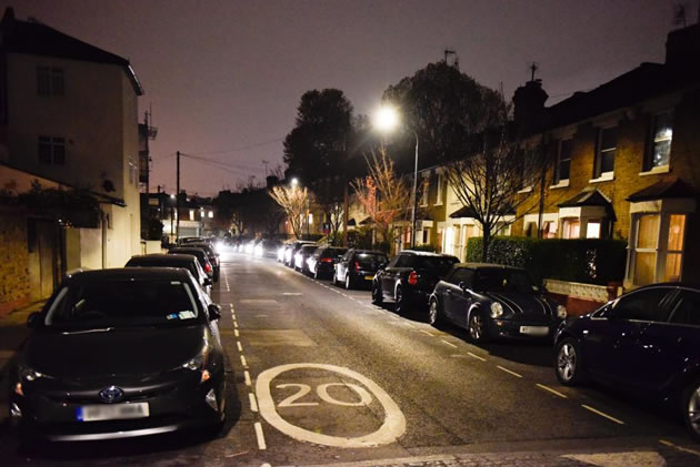 LED street lighting illuminating a residential road